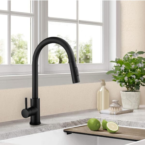 Satico Stylish Single Handle Pull Out Sprayer Kitchen Faucet in Matte Black