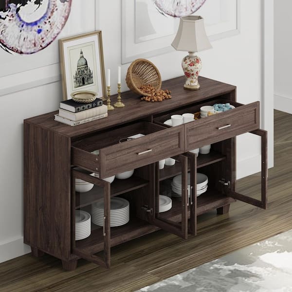 Brown Woodgrain Finish Wood 63 in. Sideboard with Adjustable Shelves and 2 Storage Drawers