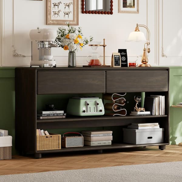 Nestfair 58.3 in. L Espresso Rectangle Wood Console Table with Drawers and Shelves
