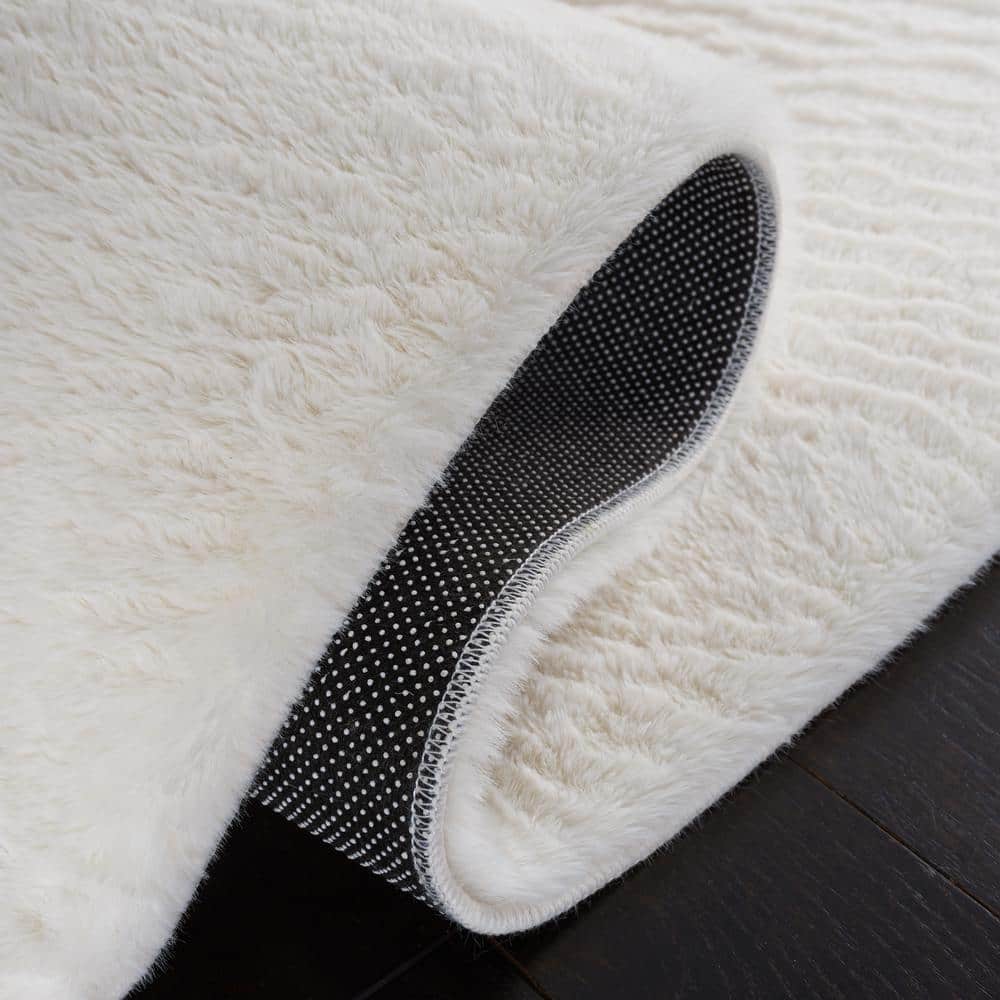Off-White Faux Rabbit Fur Runner Rug, 2'3" x 8'