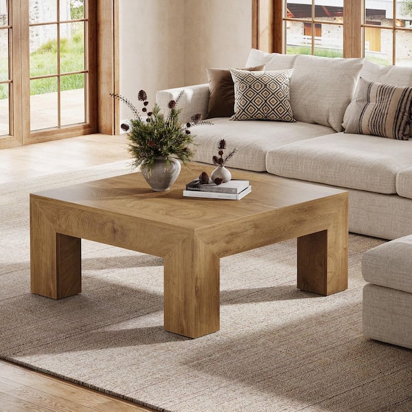 39.4 in. Light Brown Square Wood Coffee Table for Living Room, Farmhouse Small Square Center Table