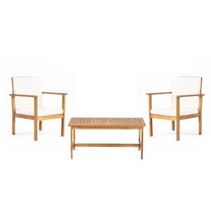 Brown 3-Piece Acacia Wood Patio Conversation Set with White Cushions and Coffee Table for Garden, Backyard and Poolside