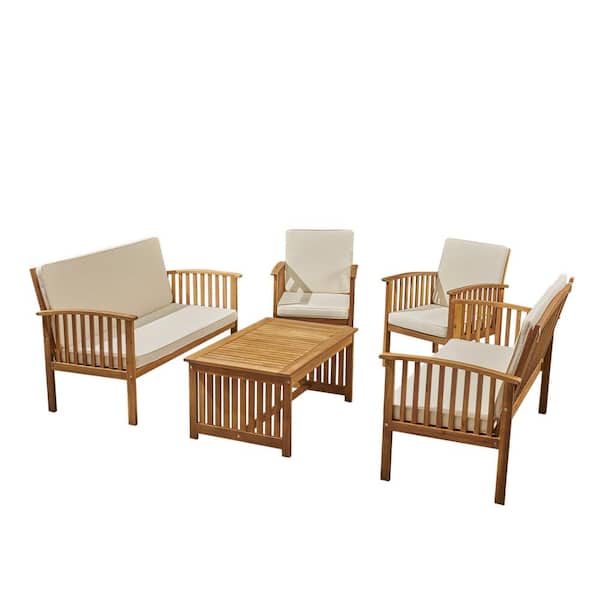 Noble House Carolina Brown Patina 5-Piece Wood Patio Conversation Set with Cream Cushions