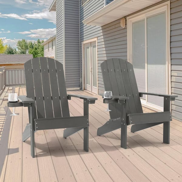 JOYESERY Charcoal Gray Outdoor All Weather Recycled Plastic Adirondack Chair With Cupholder (Set of 2)
