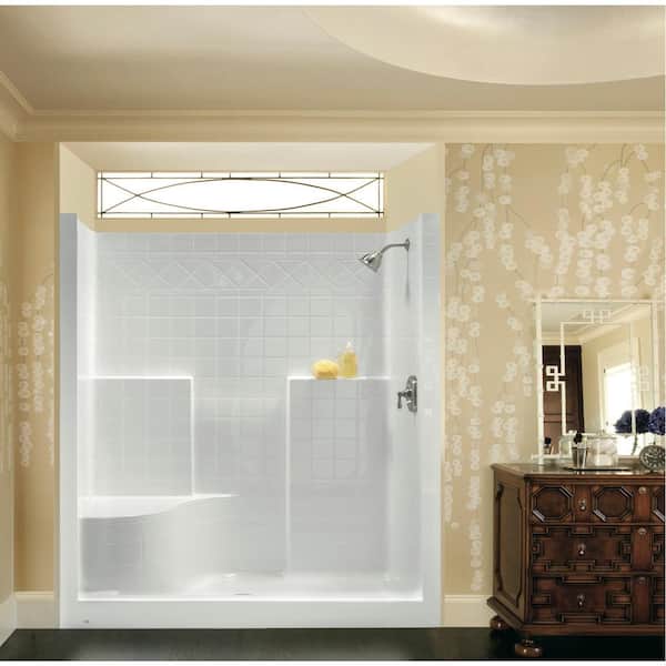 Basic 37 in. x 48 in. x 80 in. AcrylX 1-Piece Shower Kit with Shower Wall  and Shower Pan in White, Center Drain,RHS Seat