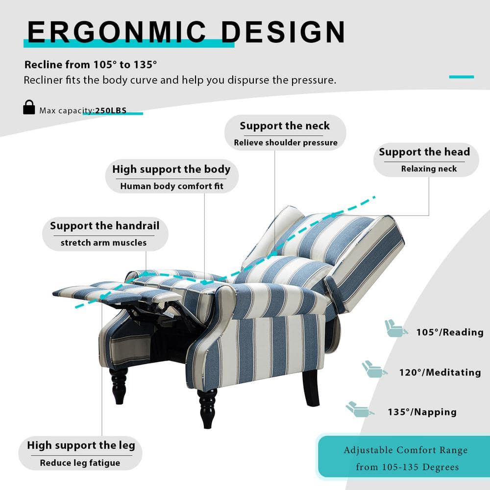 Stripe Navy Ergonomic Wingback Recliner Set with Wood Legs