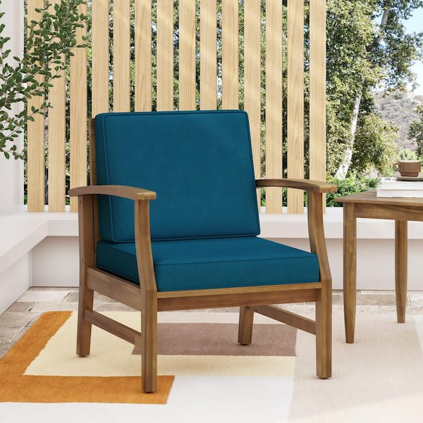 Harper & Bright Designs Acacia Wood Outdoor Patio Lounge Chair with Blue Cushions