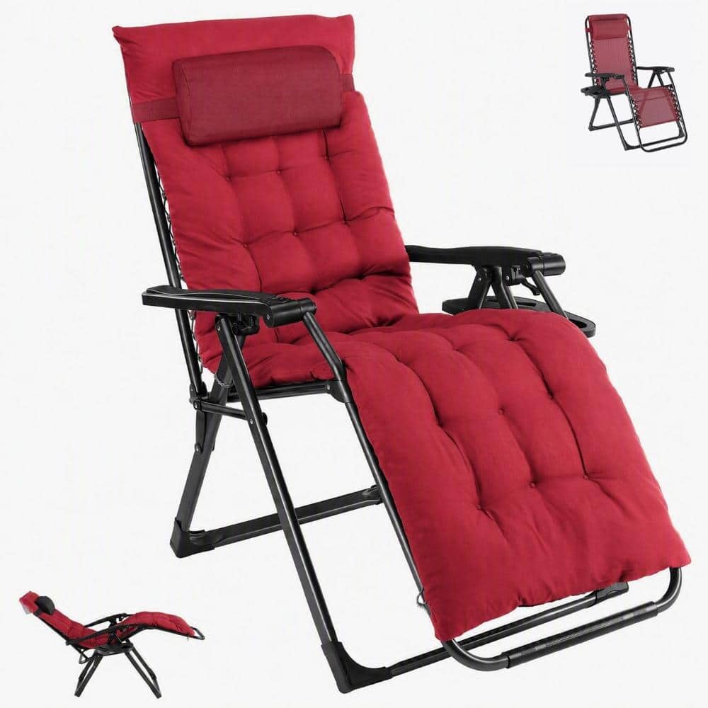 Wine Red Metal Zero Gravity Outdoor/Indoor Folding Portable Lounge Chair with Removable Cushion and Cup Holder
