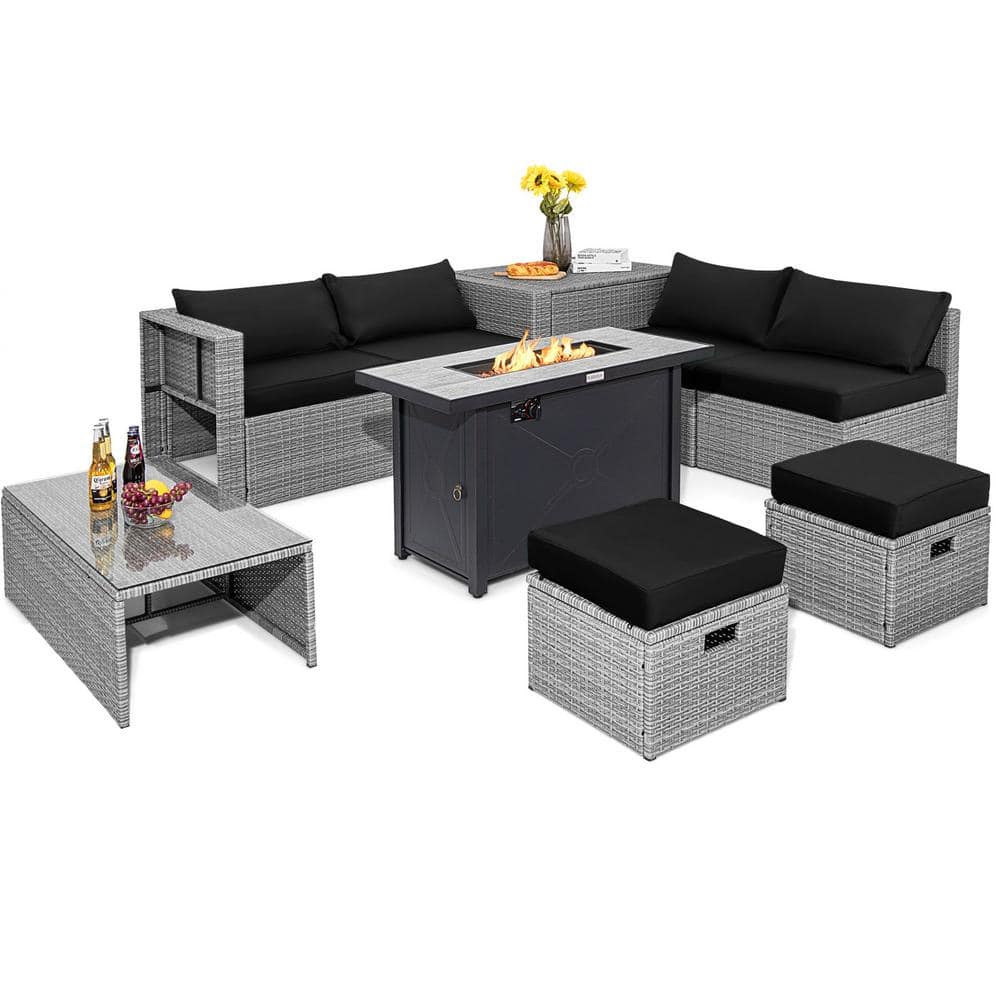 9-Pieces Wicker Patio Conversation Set Outdoor Sectional Sofa Set with 60,000 BTU Fire Pit and Black Cushions -  HONEY JOY, TOPB007298