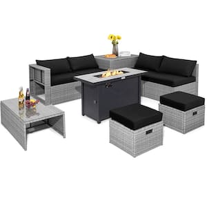 9-Pieces Wicker Patio Conversation Set Outdoor Sectional Sofa Set with 60,000 BTU Fire Pit and Black Cushions