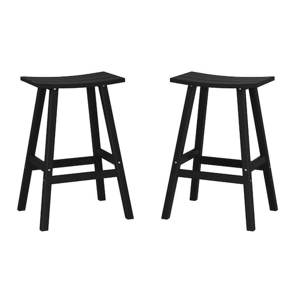 Franklin Black 24 in. Poly HDPE Fade Resistant Outdoor Patio Saddle Seat Counter Height Bar Stool (Set of 2)