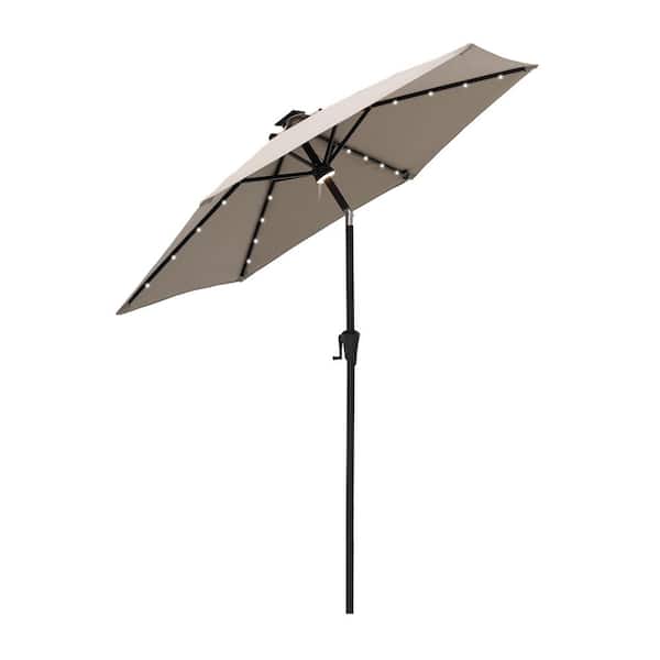 FLAME&SHADE 7-1/2 ft. Steel Market Solar Lighted Tilt Patio Umbrella with LED in Taupe Solution Dyed Polyester