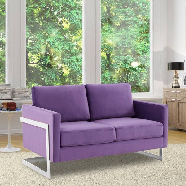 Leisuremod 55 in. Loveseat 2-Seater Sofa in Velvet with Chromed Stainless-Steel Frame and Removable Cushions in Purple