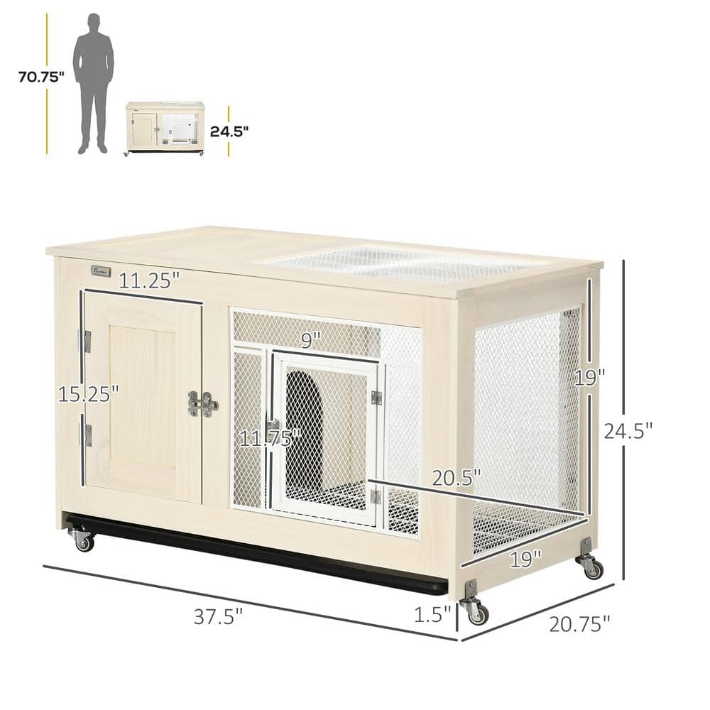 White Pinewood Indoor Guinea Pig Hutch with Wheels
