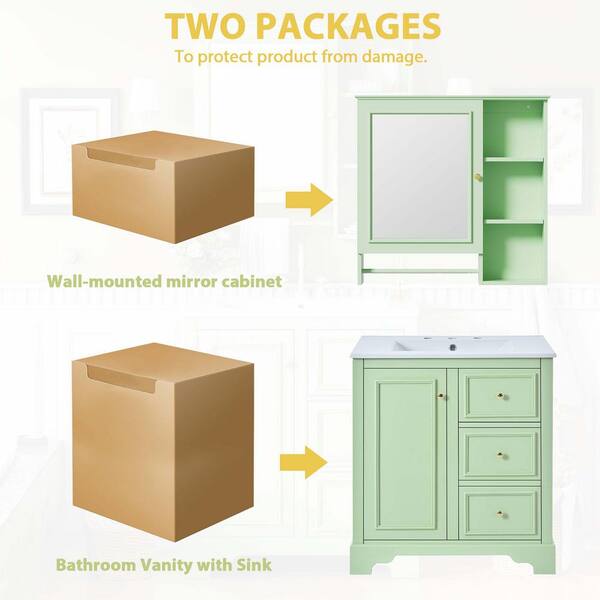 Lycvki 30 in. W Freestanding Bath Vanity in Green with White