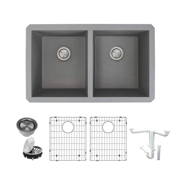 Transolid Radius All-in-One Undermount Granite 32 in. Equal Double Bowl Kitchen Sink in Grey