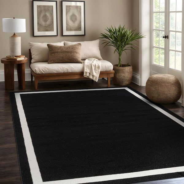 Aura Black 8 ft. x 10 ft. Rubber Back Washable Modern Bordered Indoor Outdoor Area Rug