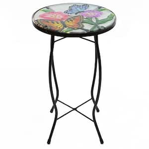 19 in. Floral and Butterfly Glass Patio Side Table