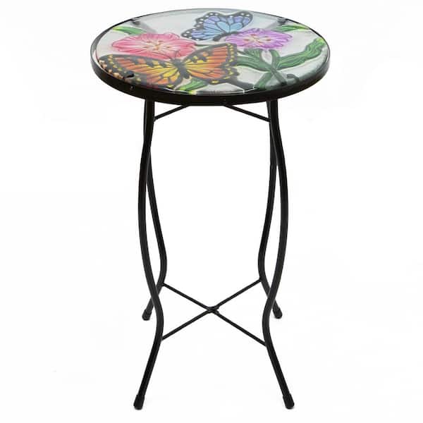 19 in. Floral and Butterfly Glass Patio Side Table