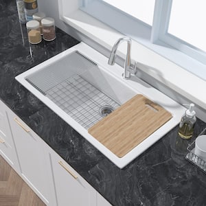 36 in. Workstation Kitchen Sink Drop-In Single Bowl White Fireclay Kitchen Sink with Cutting Board 1 Faucet Hole