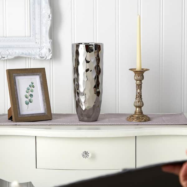 Nearly Natural 13 in. Designer Silver Cylinder Vase