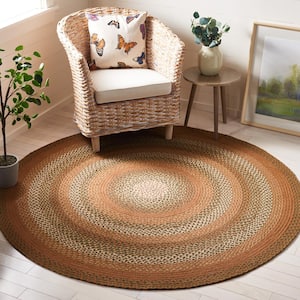 Braided Ivory Brown 6 ft. x 6 ft. Abstrract Border Round Area Rug