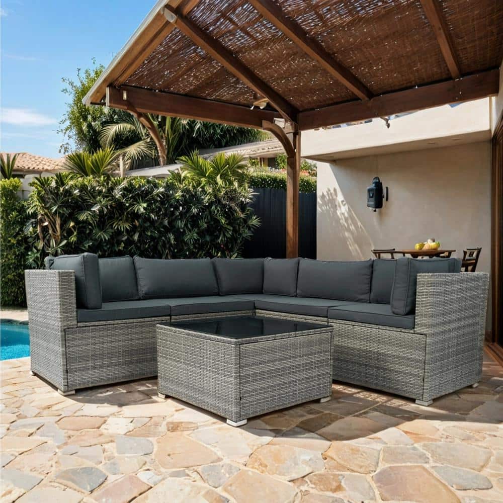 6-Piece Gray PE Rattan Wicker Outdoor Sectional Sofa Set with Dark Grey Cushions