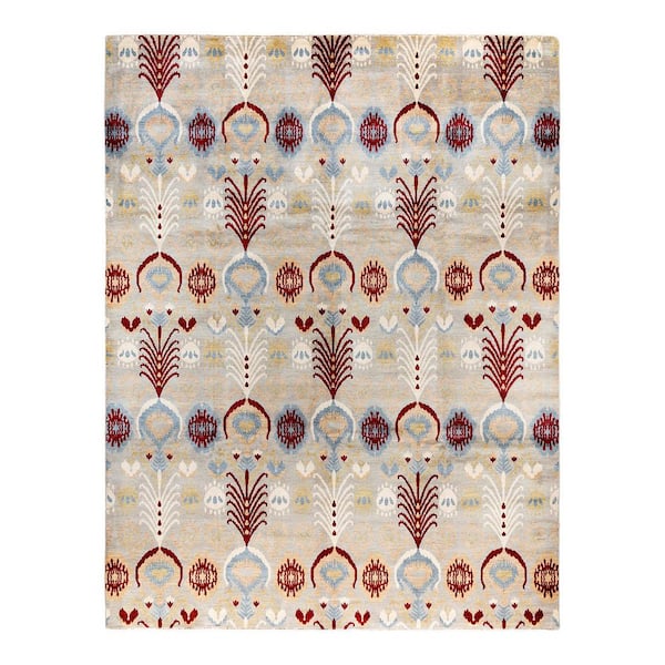 Ikat 9 ft. x 12 ft. Gray  Floral Wool Indoor Area Rug