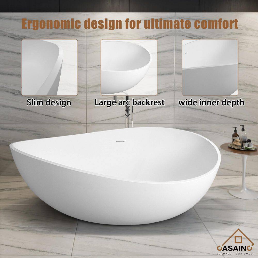 Matte White Solid Surface Freestanding Soaking Bathtub, 63-inch