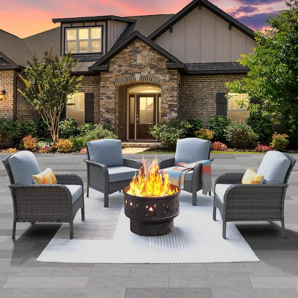 weaxty W Hyacinth Gray 5-Piece Wicker Patio Wood Burning Fire Pit Conversation Seating Set with Gray Cushions
