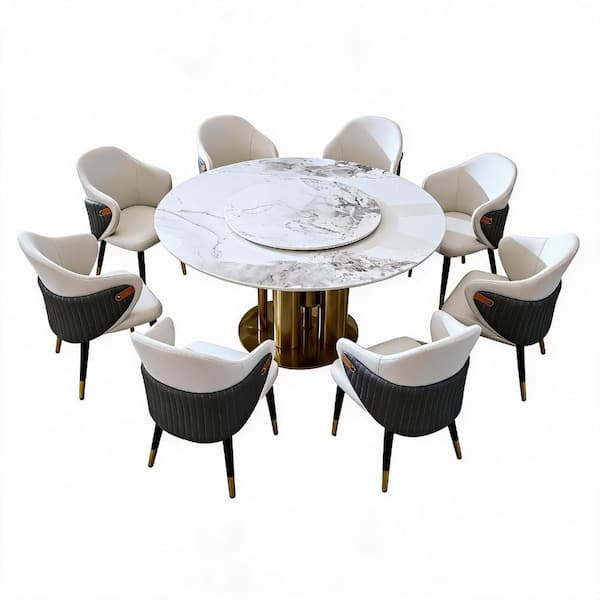 9 Piece Round Sintered Stone Top Dining Table Set with Lazy Susan, Stain & Heat Resistant, Golden White, Seats 8