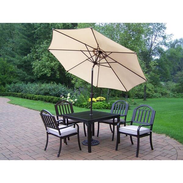 Oakland Living Rochester 40 in. x 40 in. 5-Piece Patio Dining Set with Cushions plus Tilting Umbrella and Stand