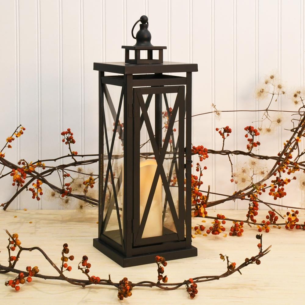 Black Metal Lantern with Amber LED Flameless Candle