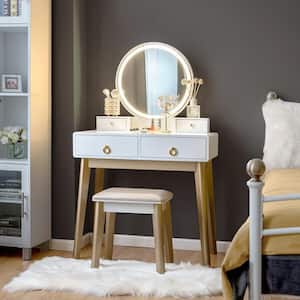2-Piece White Makeup Vanity Table Set 3-Color Lighting Modes and Jewelry Divider Dressing Table