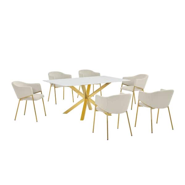 Best Quality Furniture Riley 7-Piece White Marble Wrap Glass Top Gold Chrome Iron Legs Dining Set with 6 Beige Linen Chairs