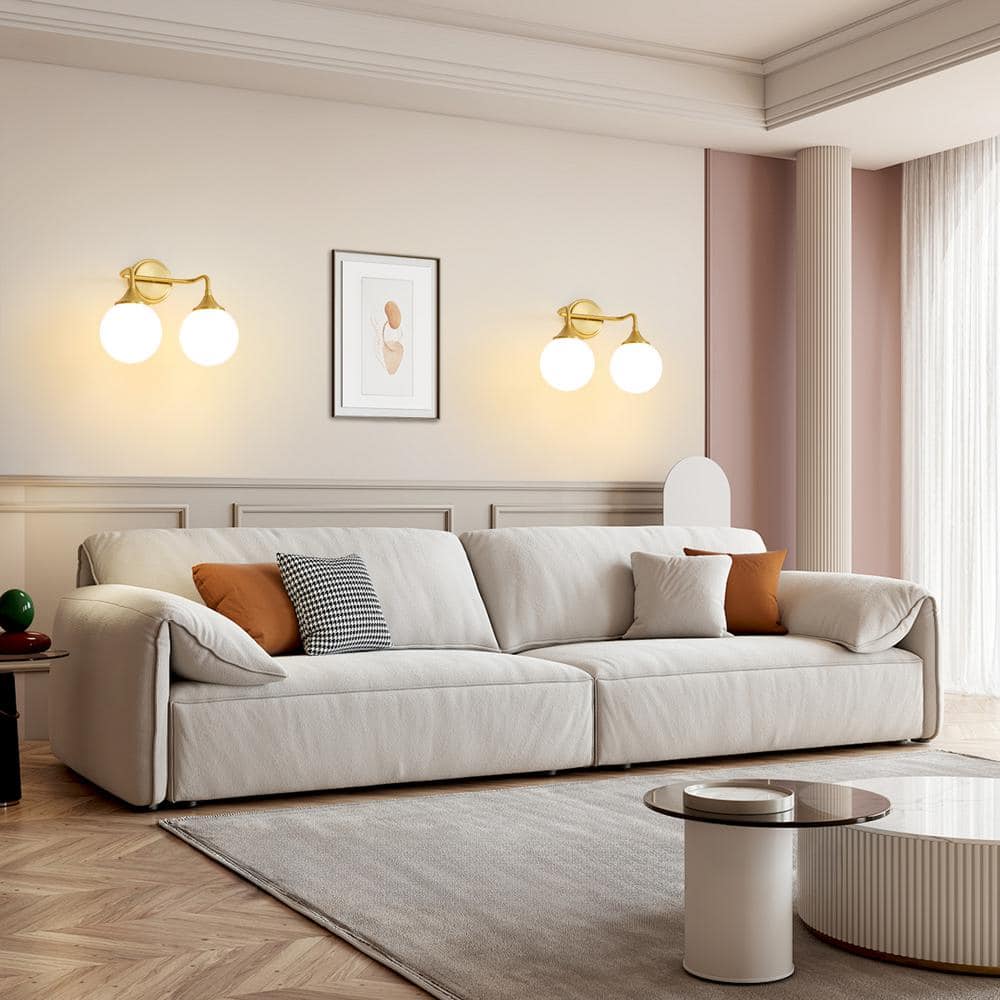 14.17" Gold Vanity Light with White Glass Globe Shades