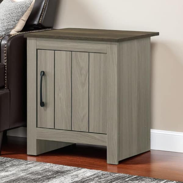 Nena 16 in. Oak Gray and Walnut Brown Rectangle Wood End Table with Cabinet Door