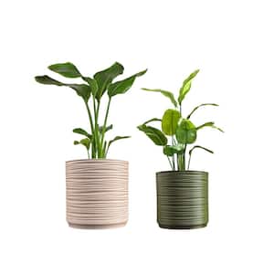 Flo MidCentury Modern Indoor Ripple Eco-Friendly 3D Printed Planters with Drainage, Sand/Olive (Set of 2)