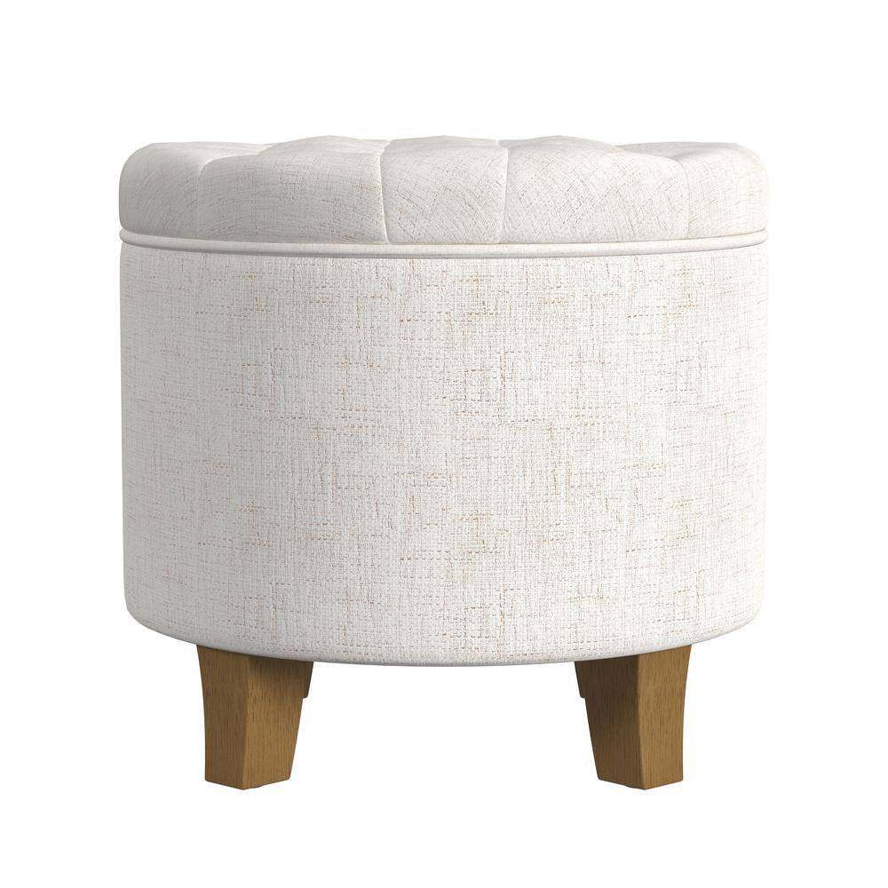 Cream Tufted Round Storage Ottoman with Wooden Legs