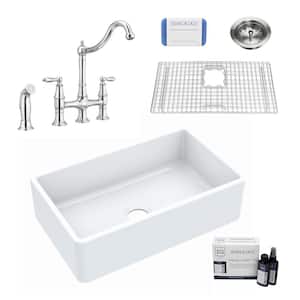 Inspire All-in-One Fireclay 30 in. Single Bowl Farmhouse Apron Front Kitchen Sink with Pfister Faucet and Drain