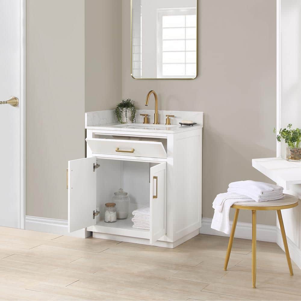 Gavino 30" White Solid Wood Bathroom Vanity with Gold Hardware