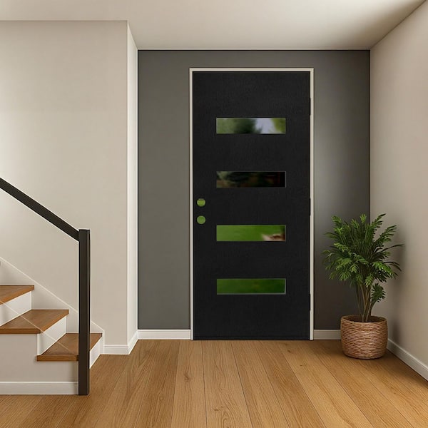 36 in. x 80 in. Left-Hand Black 4-Lite Frosted Glass Fiberglass Front Door Slab with Frame, Hinges, Threshold