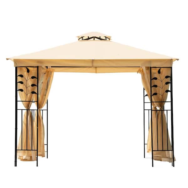 FORCLOVER 10 ft. x 10 ft. Beige Outdoor Patio Gazebo with Netting