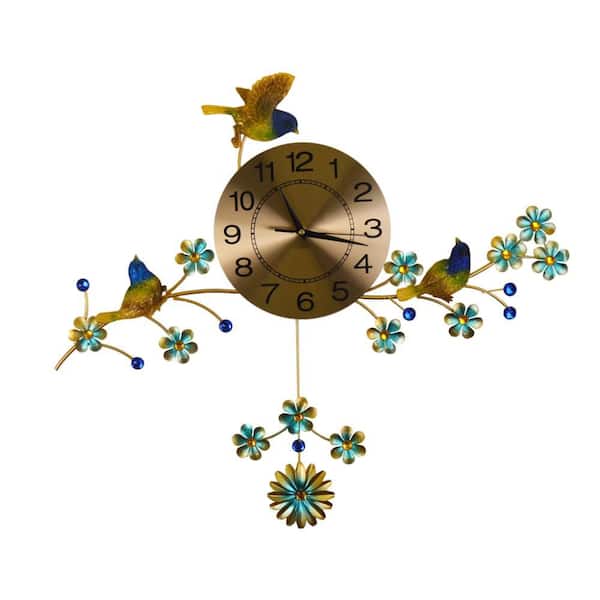 24 in. Blue Green And Gold Metal Silent Pendulum Floral Wall Clock