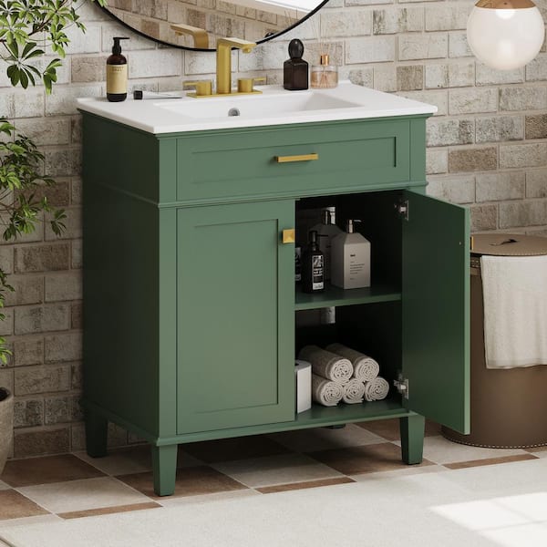 30 in. W x 18 in. D x 40 in. H Freestanding Bath Vanity in Green with White Ceramic Top