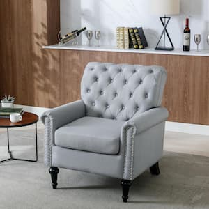 Mid-Century Modern Light Gray Button Linen Upholstered Accent Armchair with Nailhead Trim Design (Set of 1)