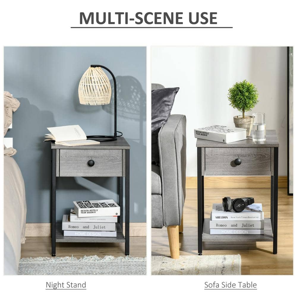 Gray Wood and Black Steel Square End Table with Storage