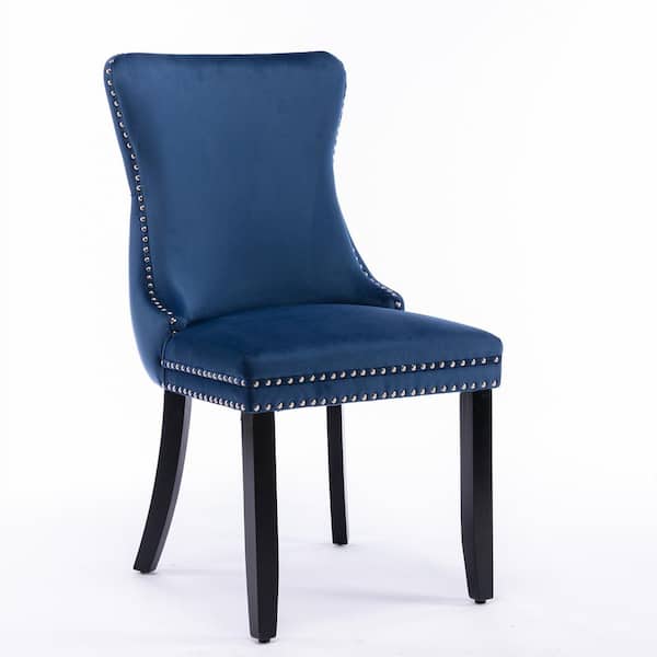 URTR Blue Velvet Dining Chair Backstitching Nailhead Trim & Solid Wood Legs Accent Chairs for Kitchen Dining Room (Set of 2)
