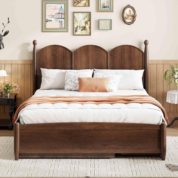 Walnut Brown Wood Frame Queen Upholstered Platform Bed with 2 Big Drawers, Twin XL Size Trundle
