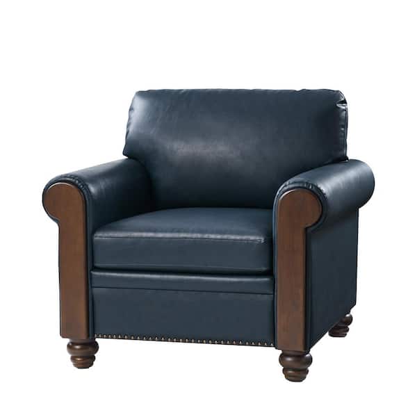 JAYDEN CREATION Hilario Navy Transitional Leather Armchair with Solid Wood Legs